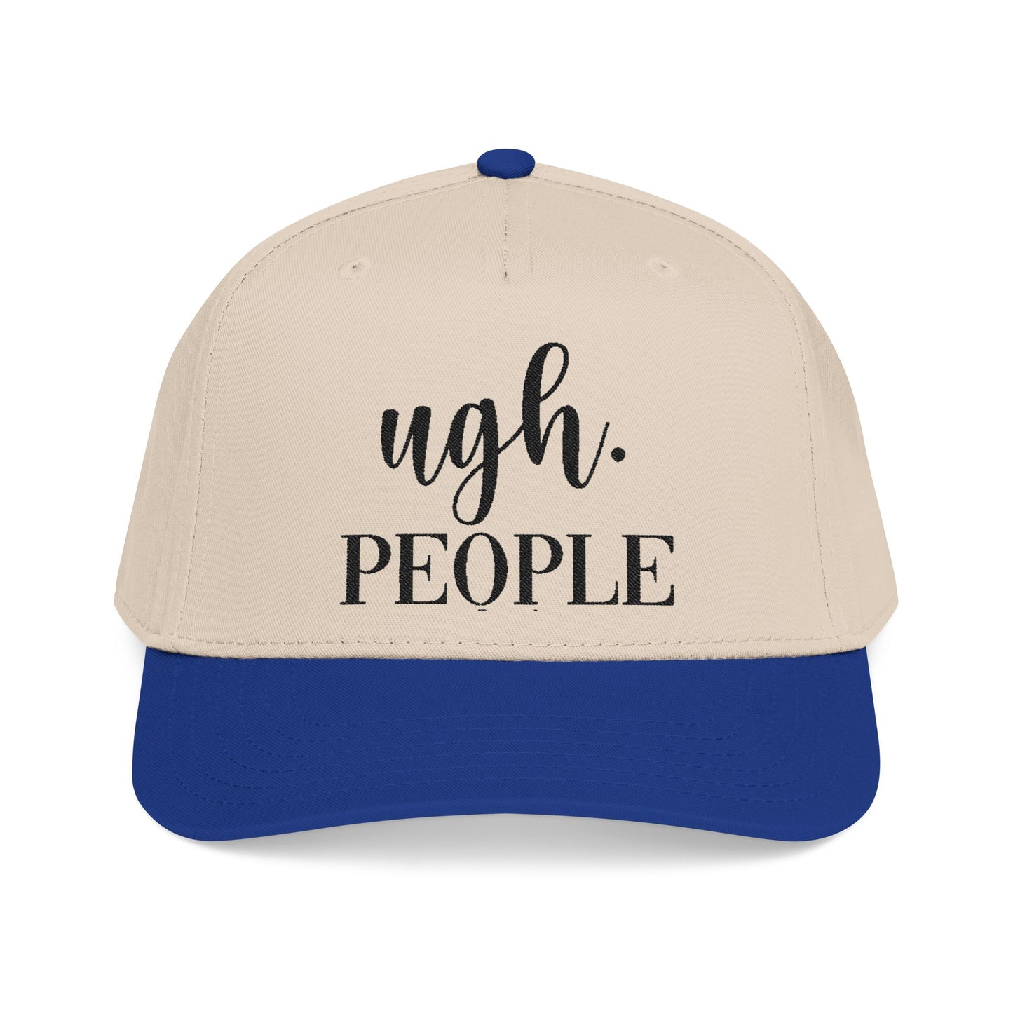 A beige baseball cap with a blue brim, featuring the text "ugh. PEOPLE" printed on it.