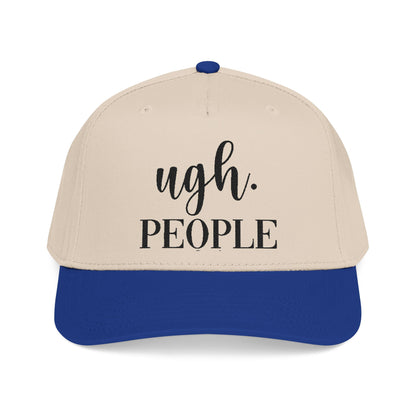 A beige baseball cap with a blue brim, featuring the text "ugh. PEOPLE" printed on it.