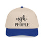 A beige baseball cap with a blue brim, featuring the text "ugh. PEOPLE" printed on it.