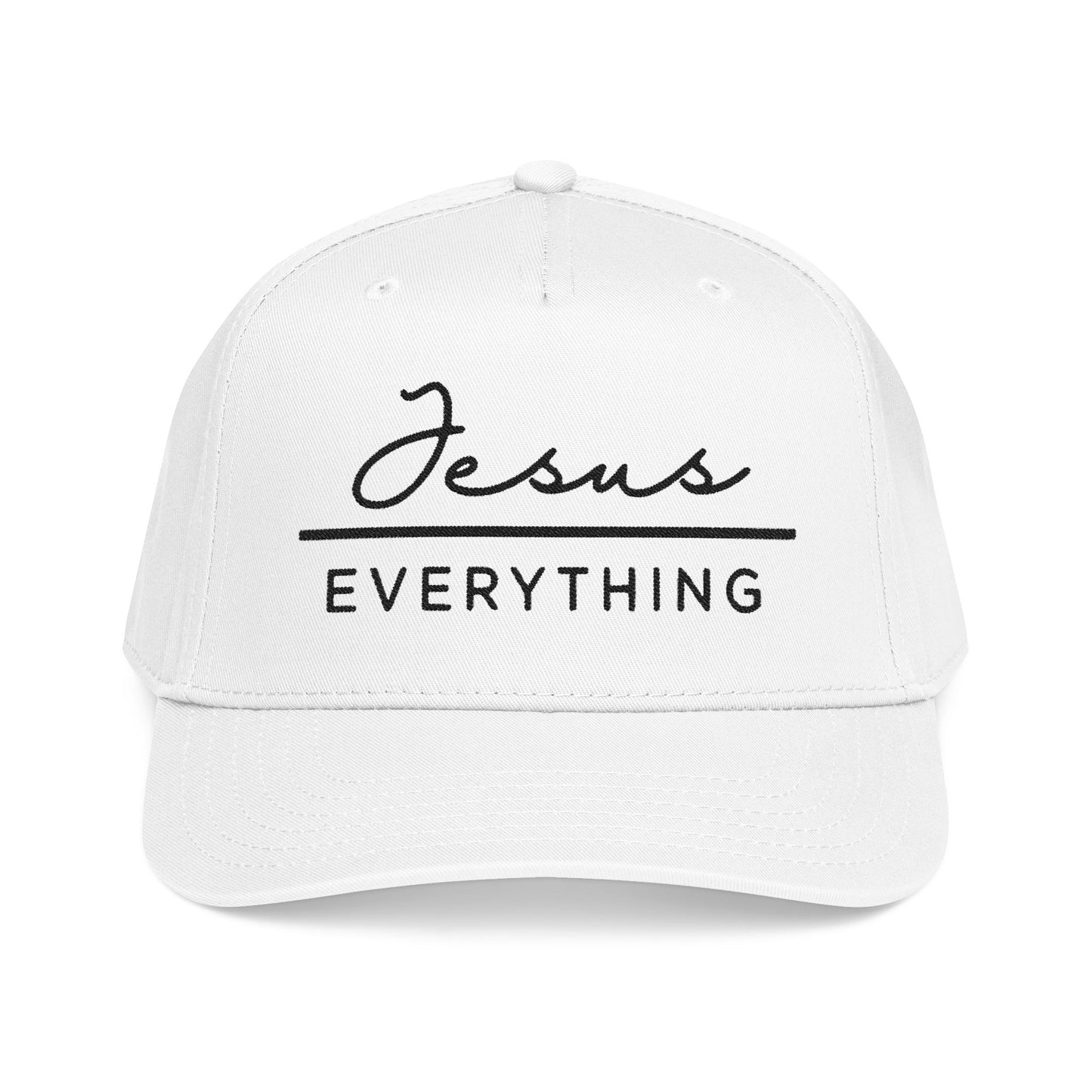 A white baseball cap with the text "Jesus Everything" printed on it.