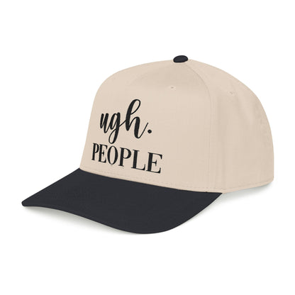 A beige baseball cap with a black brim and the text "ugh. PEOPLE" printed on it.