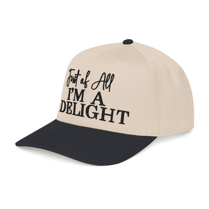 A beige baseball cap with black text on it.