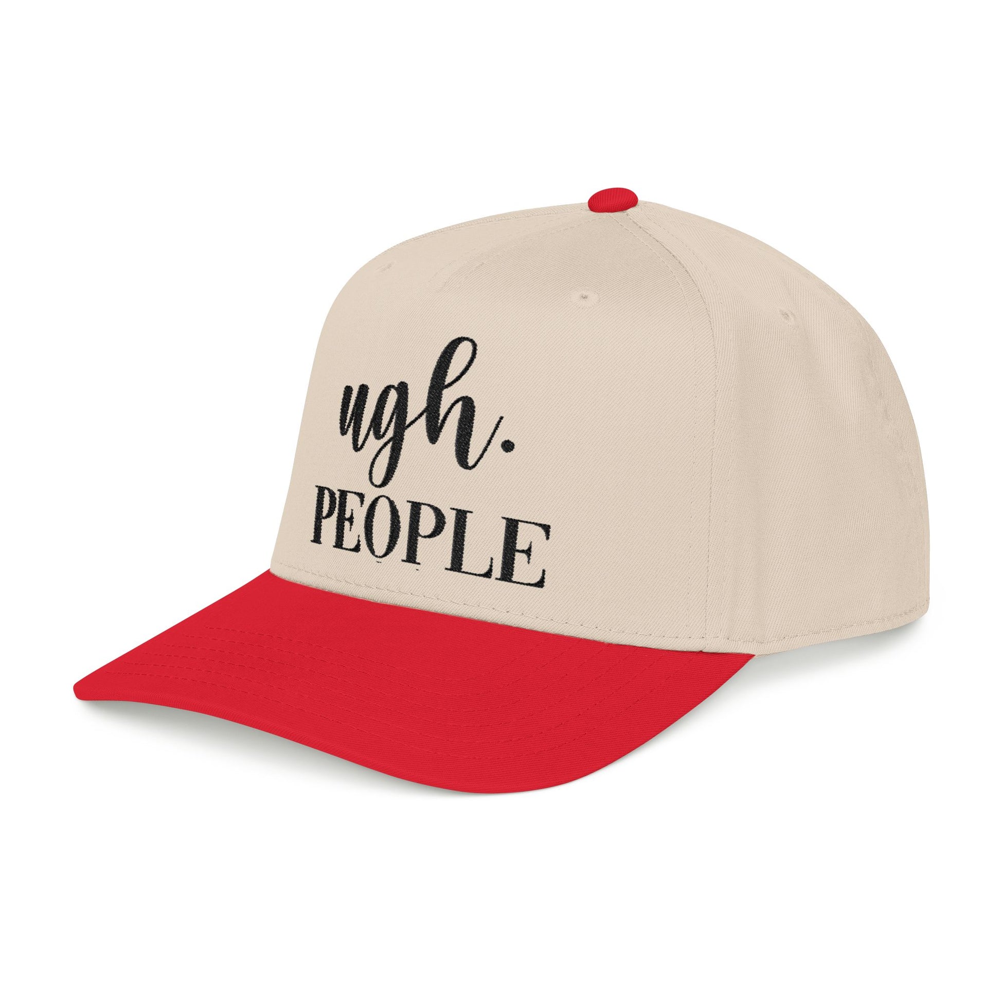 A beige baseball cap with a red brim, featuring the text "ugh. PEOPLE" printed on it.