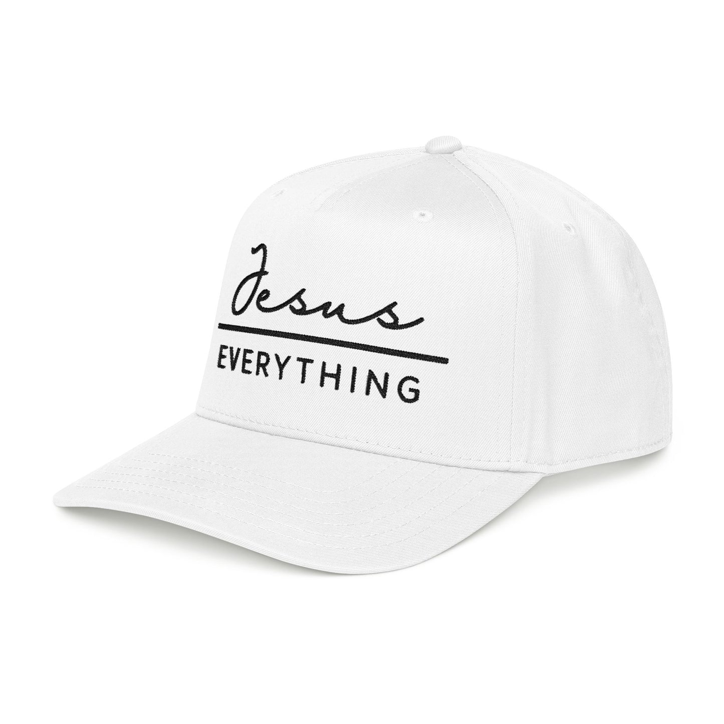 A white baseball cap with the text "Jesus Everything" printed on it.