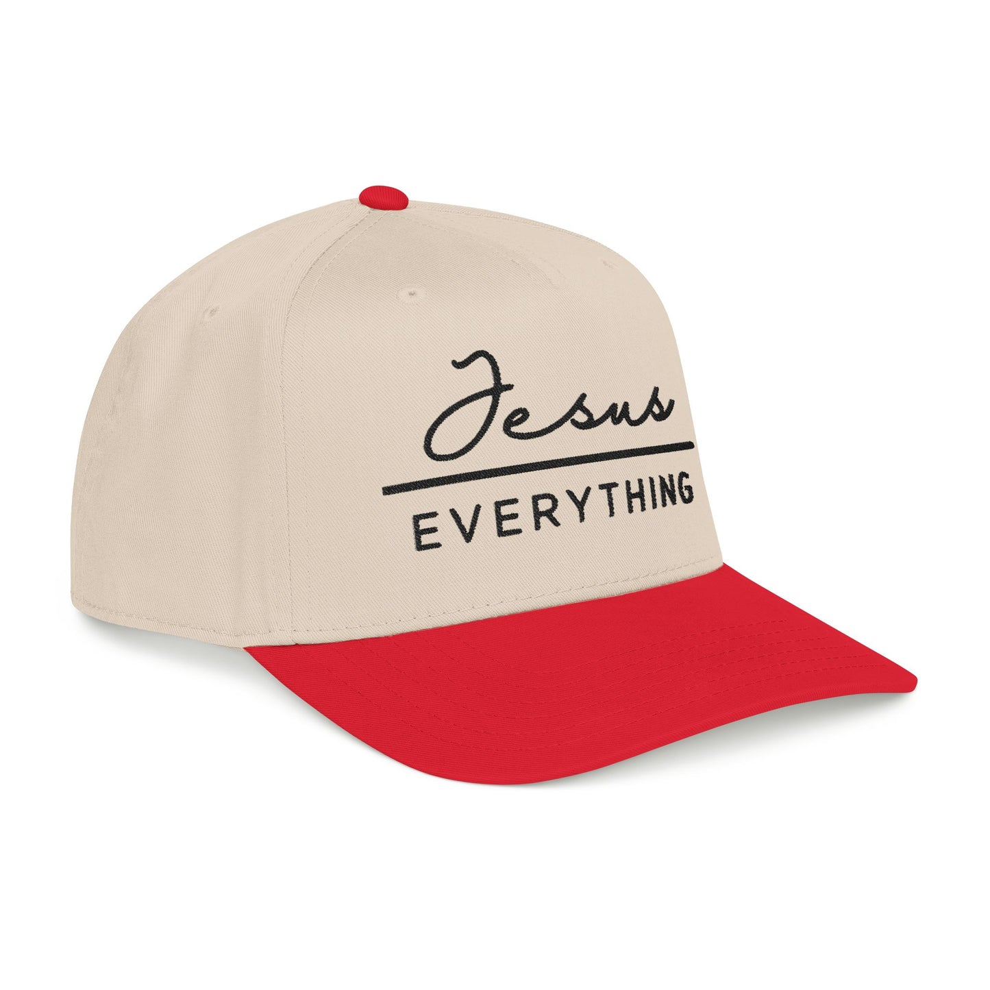 A beige baseball cap with a red brim, featuring the text "Jesus Everything" printed on it.