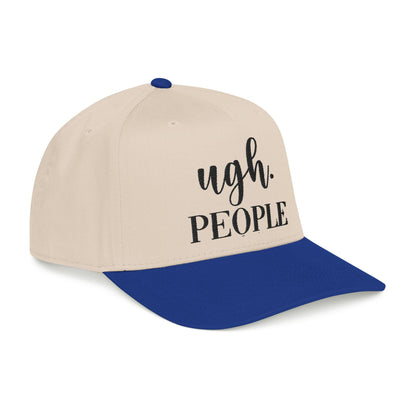 A beige baseball cap with a blue brim, featuring the text "Ugh. PEOPLE" printed on it.