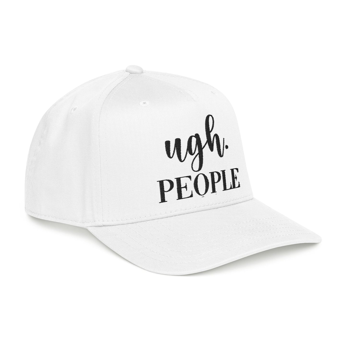 A white baseball cap with the text "Ugh. PEOPLE" printed on it.