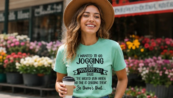 Proverbs 28:1 Jogging Quote Tee | Funny Christian Shirt
