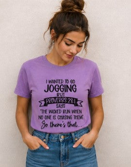 Proverbs 28:1 Jogging Quote Tee | Funny Christian Shirt
