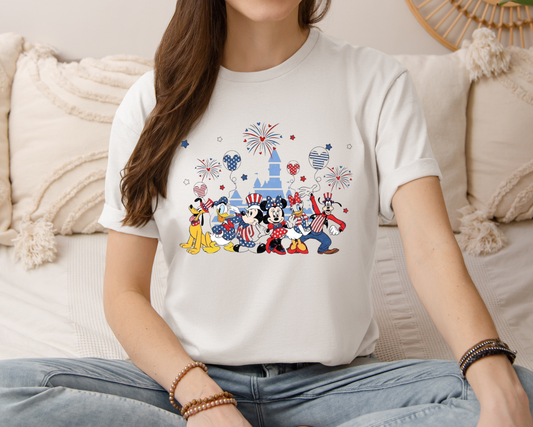 Patriotic Theme Park Characters Castle T-Shirt — Fireworks Celebration Tee