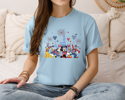 Patriotic Theme Park Characters Castle T-Shirt — Fireworks Celebration Tee