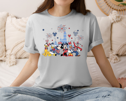 Patriotic Theme Park Characters Castle T-Shirt — Fireworks Celebration Tee