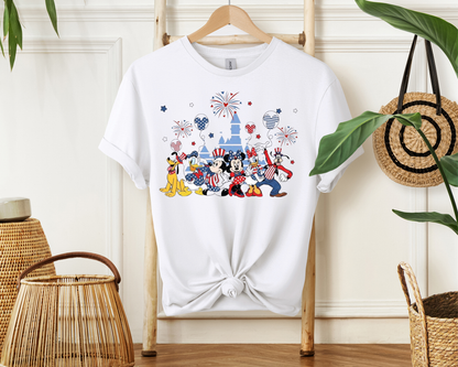 Patriotic Theme Park Characters Castle T-Shirt — Fireworks Celebration Tee