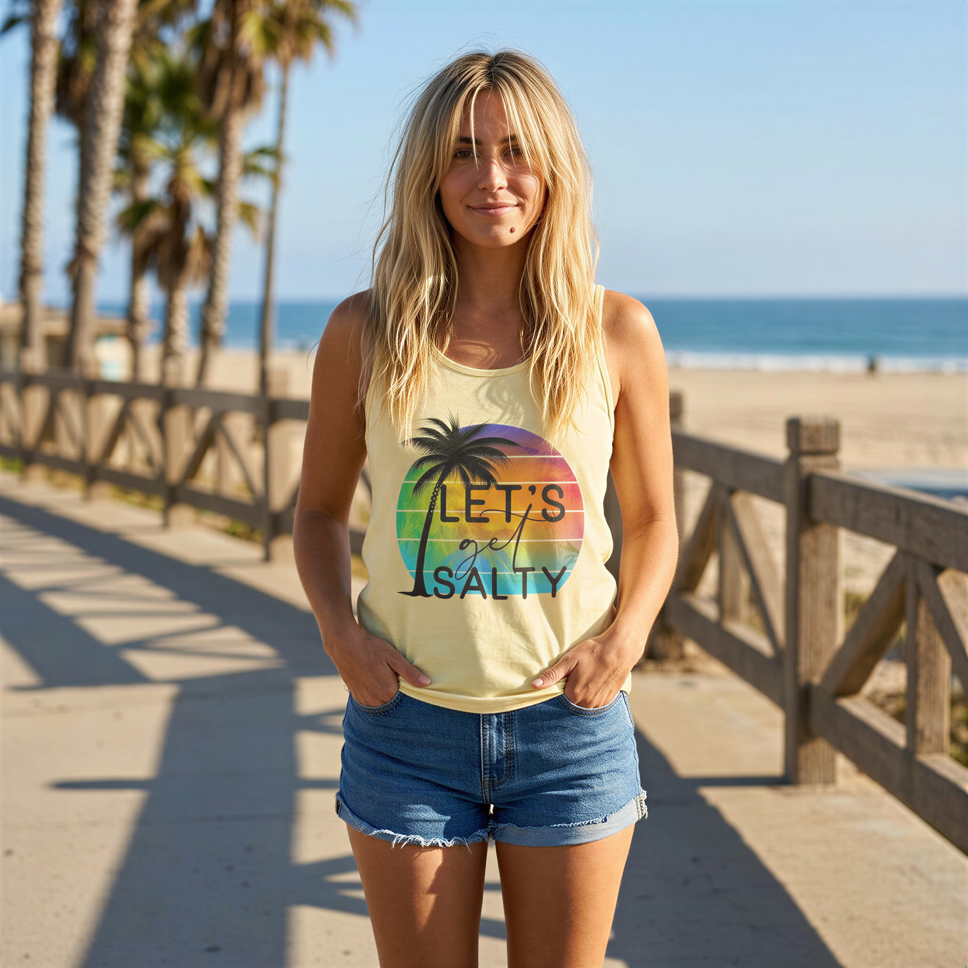 A young woman with long blonde hair stands on a boardwalk near the ocean, wearing a yellow tank top with a colorful graphic and denim shorts.